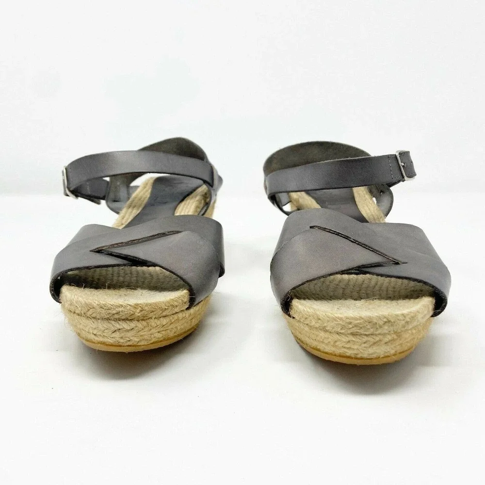 lisa b. Gray Leather Crossover Espadrille Wedge Sandals